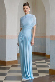 Vestido Maxi Azul Asimétrico Plisado Catherine