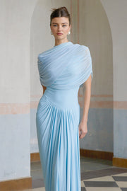 Vestido Maxi Azul Asimétrico Plisado Catherine