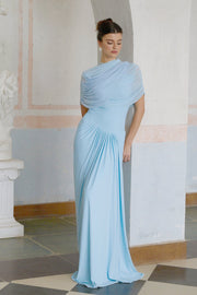 Vestido Maxi Azul Asimétrico Plisado Catherine