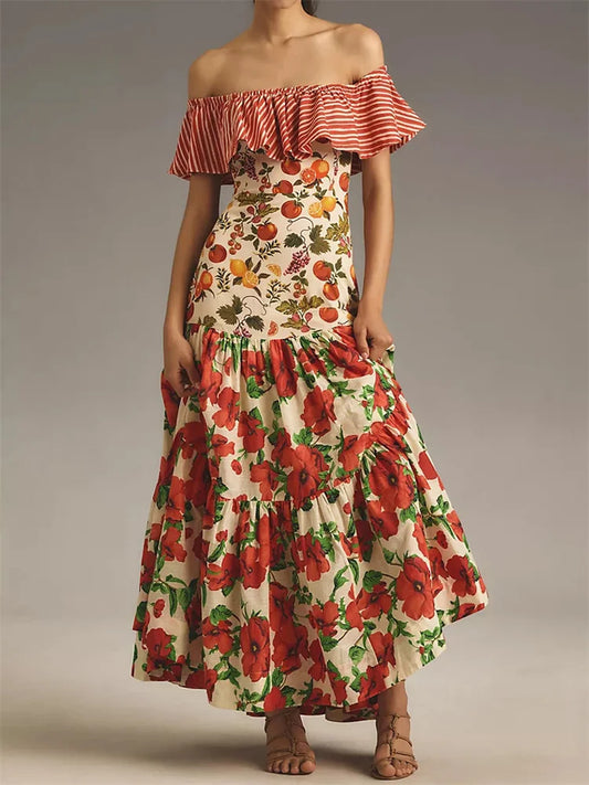 Vestido largo tropical con volantes – Bellara