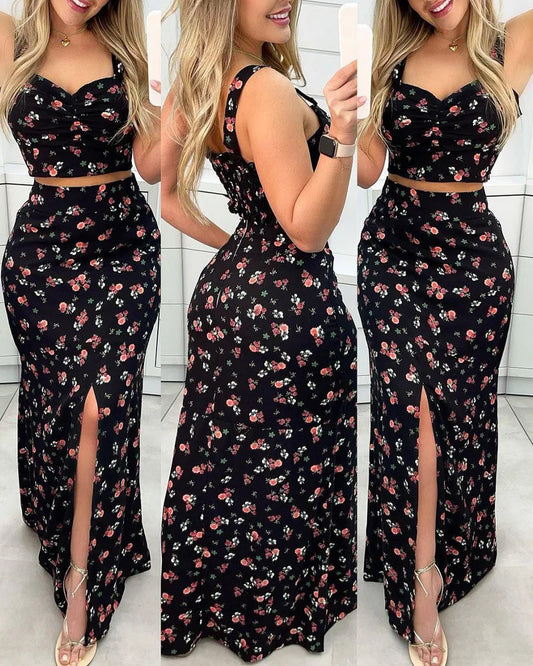 Conjunto de top corto floral y falda larga – Zavina